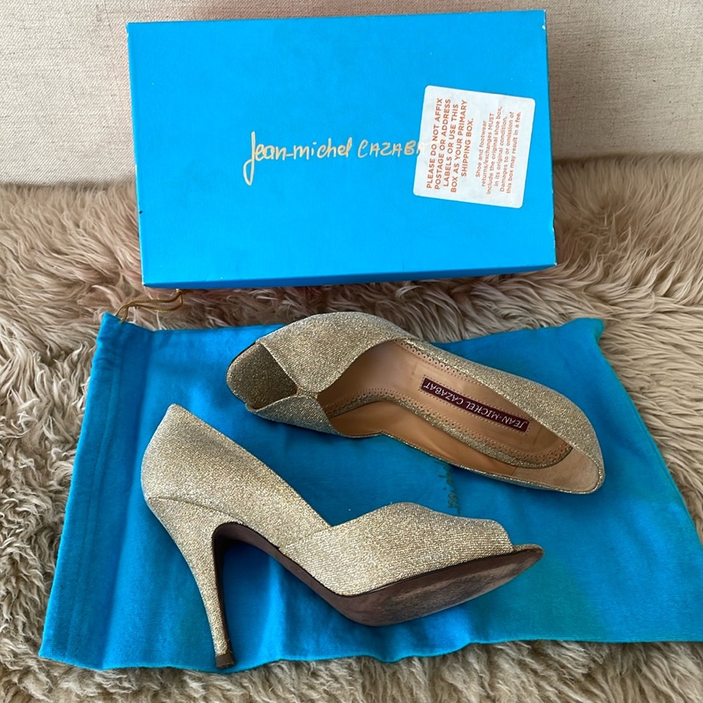 Beautiful gold flecked Jean-Michel Cazabat Cosmos Platino Peep Toe Sz 38
